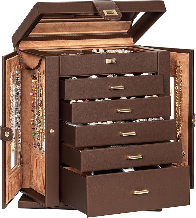 AKOZLIN 360° Rotating Jewelry Box 6-Tier Organizer Functional Jewelry Storage Case for Women Girls Ring Necklace Earring Bracelet Holder with Mirror Brown