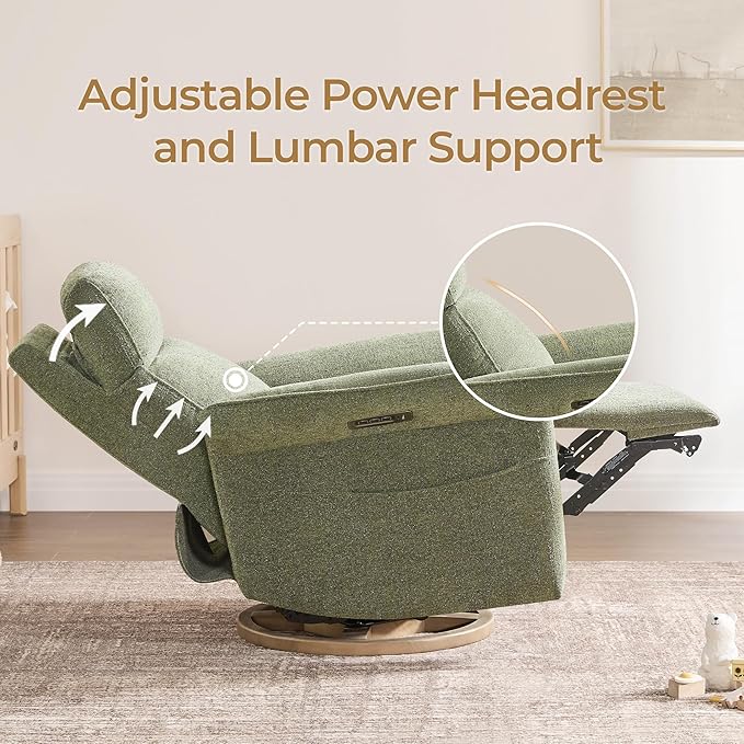 CHITA Power Recliner Chair, Electric Triple-Motor Swivel Glider Nursery Rocking Chair with Adjustable Power Headrest and Lumbar Support, GREENGARD Gold Certified, Solid Wood Base, Forest Green