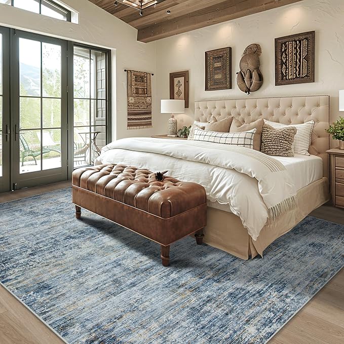 Washable Rug 6x9 Area Rugs, Abstract Large Living Room Rugs with Non-Slip Backing, Thin Carpet for Dorm Dining Room Table Nursery Indoor Home Office-Blue/Brown