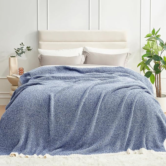 Snuggle Sac Queen Size Bedding Blankets, Super Soft Warm Oversized Blankets for Bed, Cozy Knit Fuzzy Plush Bed Blankets,Heather Royal Blue,90x90 inches