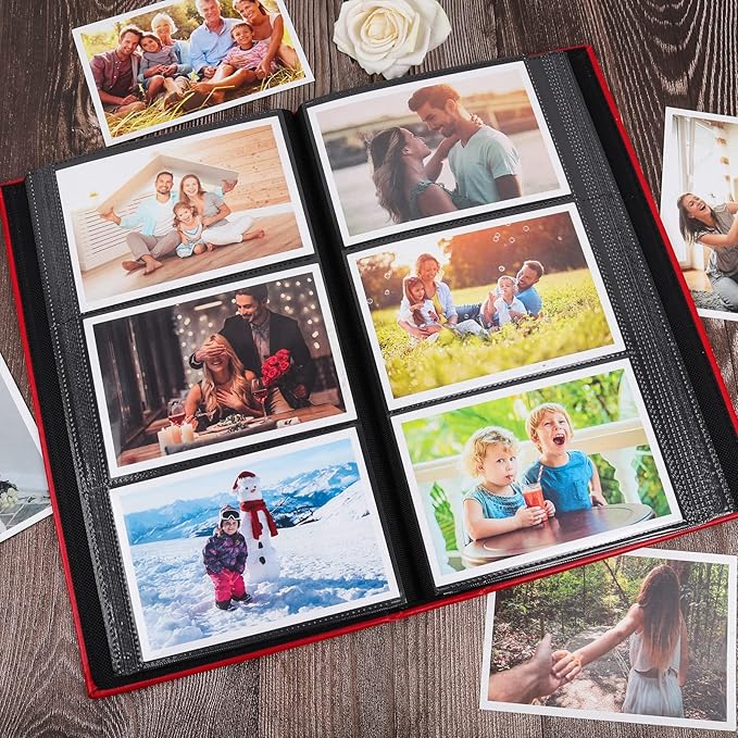 RECUTMS Photo Album 4x6 300 Photos Black Black Page PU Leather Pockets Pictures Albums Birthday Wedding (Red)