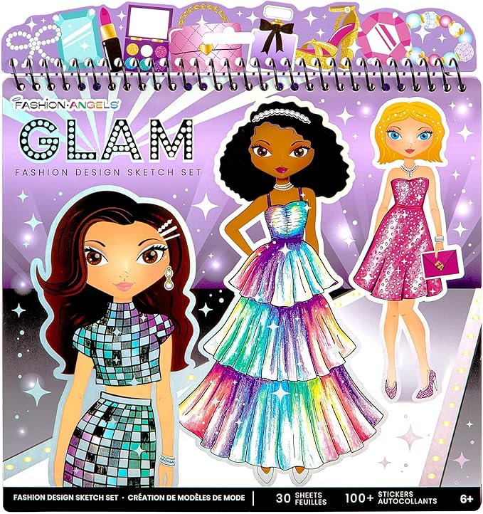 Fashion Angels Glam Fashion Sketch Set, Includes Sketch Pad with Stencils & Stickers, Fashion Design Sketch Book for Girls, Ideal Drawing Kit for Kids