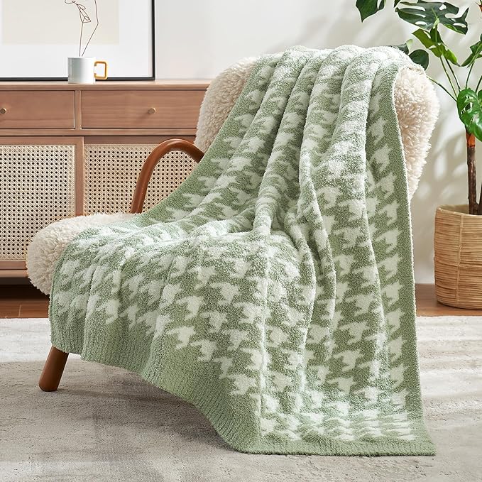 Snuggle Sac Houndstooth Throw Blanket for Couch, Reversible Super Soft Warm Blankets Cozy Knit Fuzzy Plush Lightweight Throws for Sofa, Bed, Camping, Green,50x60 inches