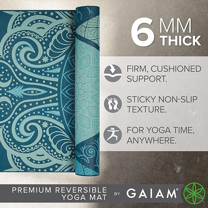Gaiam Yoga Mat - Premium 6mm Print Reversible Extra Thick Non Slip Exercise & Fitness Mat for All Types of Yoga, Pilates & Floor Workouts (68" x 24" x 6mm Thick)