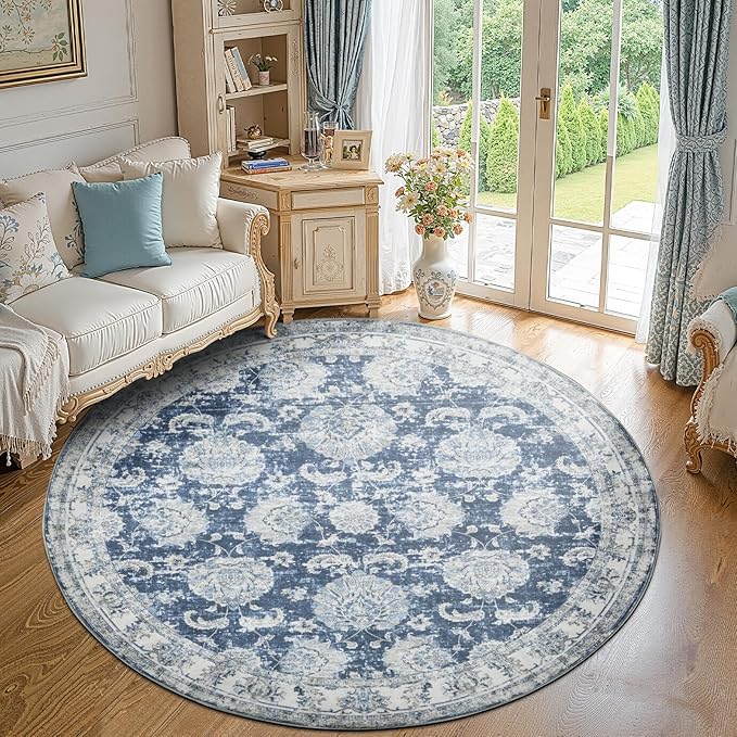 jinchan Round Rug 7ft Area Rug - Dark Blue Vintage Floor Mat Kitchen Indoor Ultra-Thin Soft Floral Print - Washable Circle 7' Retro Accent for Farmhouse Non Slip Dining Room Living Room Bedroom Office