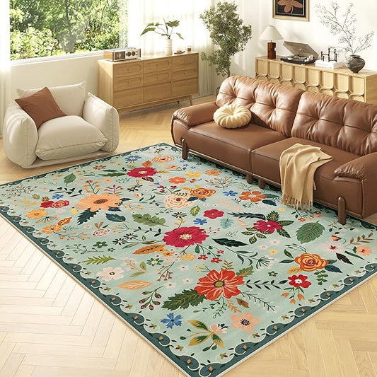 5x7 Washable Rug for Living Room, Green Floral Area Rug, Non Slip Low Pile Soft Flower Carpet, Large Rugs for Bedroom, Dining Room, Office, Kids Playroom, Nursery, Sage Green