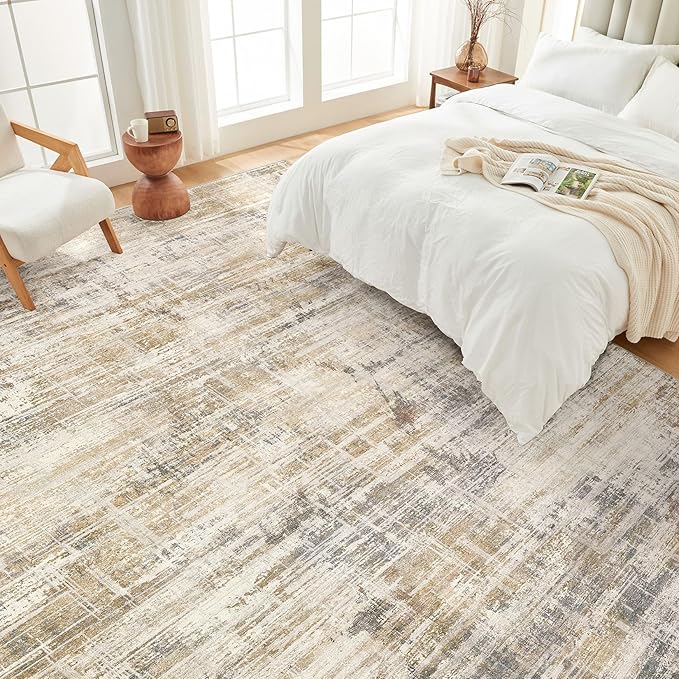 Area Rug for Living Room: 5x7 Thickened Washable Neutral Abstract Modern Soft Rugs Non Slip Indoor Floor Stain Resistant Carpet for Bedroom Dining Room Office Nursery - Golden Brown