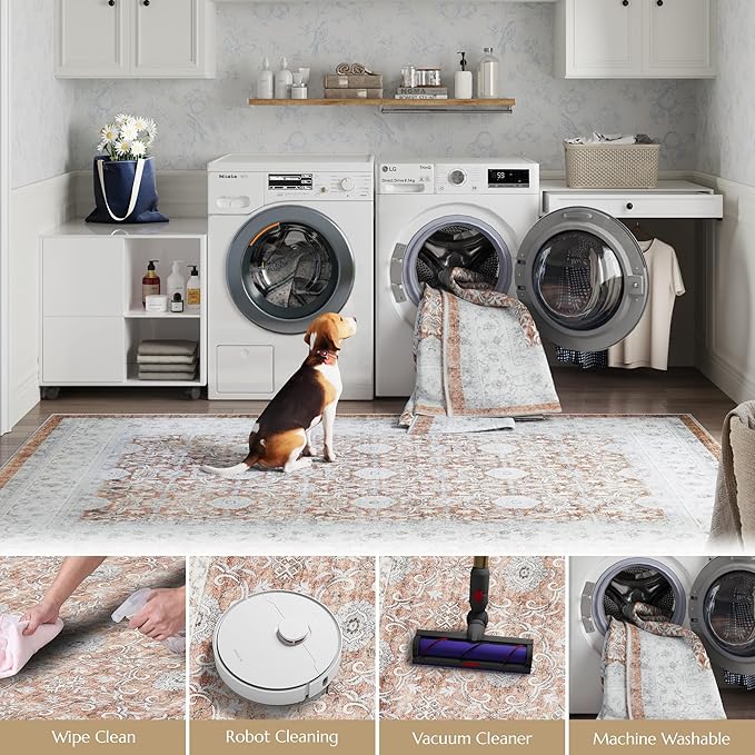 jinchan Round Rug 7ft Washable Circle Soft Rug - Low Pile Vintage 7'Round Indoor Orange Floral Print Stain Resistant Boho Carpet Ultra-Thin Non-Slip for Living Room Bedroom Dining Room Kitchen