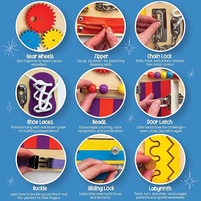 Montessori Busy Board for Toddlers - Safe, Durable Sensory Activity Board with Locks, Shoelaces & More - Perfect Educational Toy Built for Growth & Travel - 36 Months & Up - Color Edition