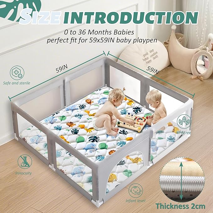 Baby Play Mats for Floor, 59x59 Playpen Mat for Babies, Extra Thicker & Soft Floor Crawling Mat, Foldable Non-Slip Playmat Cushioned for Infants Toddlers, Cute Animal Design