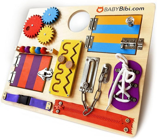 Montessori Busy Board for Toddlers - Safe, Durable Sensory Activity Board with Locks, Shoelaces & More - Perfect Educational Toy Built for Growth & Travel - 36 Months & Up - Color Edition