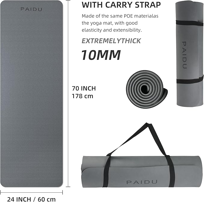 Yoga Mat Non Slip Anti-tear,extra thick-2/5 inch（10MM）High Resiliency Professional POE Yoga Mats for Women Men Kids,72"x24"inch,Workout, Yoga, Pilates and Floor Exercise, with Carrier Strap