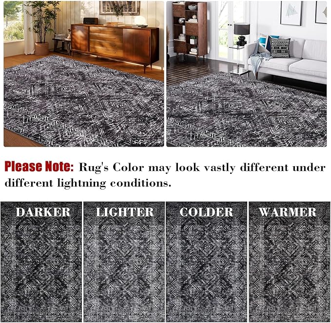 COZYLOOM 4x6 Washable Rug for Bedroom Vintage Non Slip Large Area Rug Geometric Soft Throw Rugs Low Pile Stain Resistant Carpet for Office Dining Room Living Room, Black