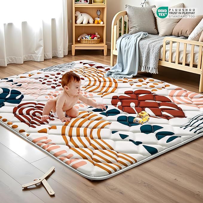 Baby Play Mats for Floor, 71x59 Playpen Mat for Babies, Extra Thicker & Soft Floor Crawling Mat, Foldable Non-Slip Playmat Cushioned for Infants Toddlers, Boho Leaf Design