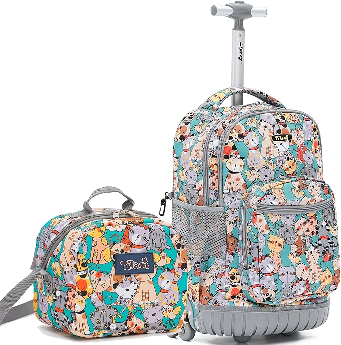 NEW TILAMI Kids 18 inch Rolling Backpack - Durable Waterproof Large Capacity Adjustable Handle Stair Climbing Design for Boys & Girls, Cats Cute