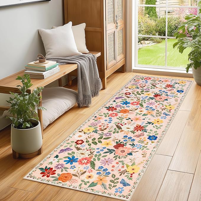 Runner Rug for Entryway: 2.6x8 Kitchen Rugs Non Slip Washable Ultra-Thin Soft Floral Carpet Indoor Floor Stain Resistant Carpets for Hallway Bedroom Kitchen Laundry Bathroom Dorm Beige