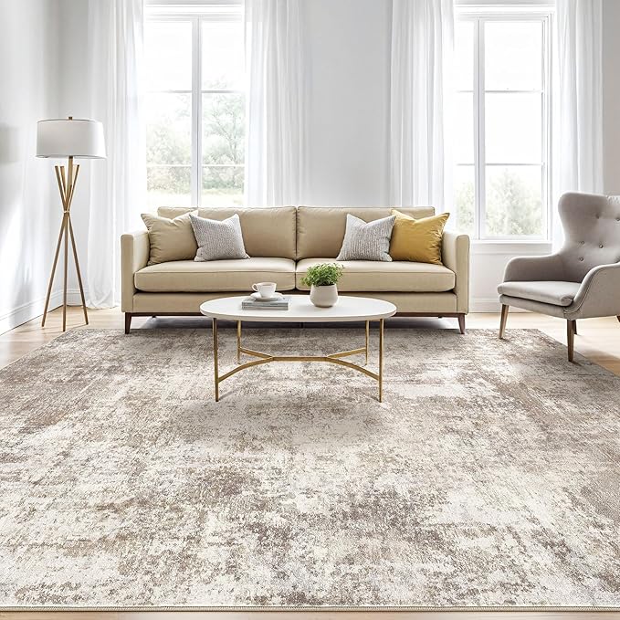 6x9 Area Rugs Living Room: Washable Large Abstract Soft Rug Stain Resistant Indoor Floor Non-Slip Accent Carpet for Women Modern Home Enthusiasts Aged 25-45 - Bedroom Nursery Playroom- Beige Brown