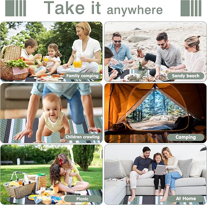 Waterproof Picnic Blanket 80" x 60" in Portable with Carry Strap for Beach Mat or Family Outdoor Camping Party, Park Blanket for Grass Park, Hiking, Travel, Concerts (Green&White, 80" x 60")