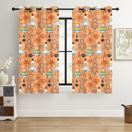 Kids Space UFO Rocket Blackout Curtains - 100% Blackout, Thermal Insulated, Noise Reducing, Perfect for Kids Room and Nursery, 2 Panels (Sunny Space Parade, W52×L63)