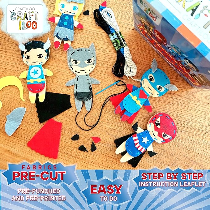 Superhero Sewing Kits for Little Kids 5 Easy Projects for Children Beginners Sewing kit Kid Crafts Make Your Own Felt Pillow Plush Craft Kit My First Sewing Kit Learn to Sew Kit
