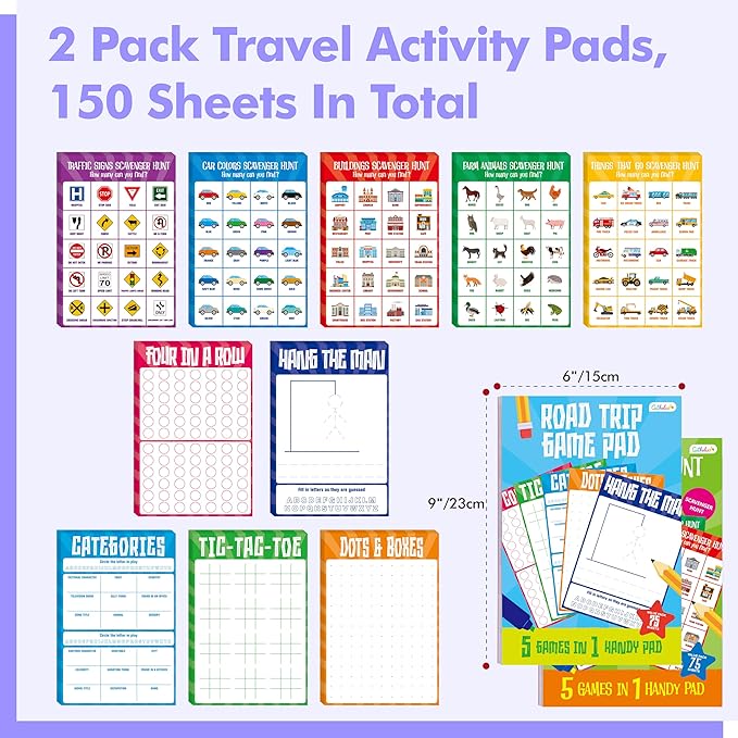 2 Pack Road Trip Game Pads, 10 Games (Categories, Dot & Boxes, Tic-tac-Toe, Scavenger Hunt Bingo), Pen Pencil Paper Game, Plane Trip/Car Travel/Getaway Activity Pad for Kid, Adult