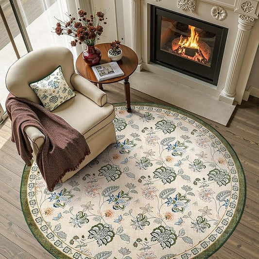 jinchan 5ft Floral Round Rug for Entryway Washable Kitchen Rug Vintage Romance Design Non Slip Indoor Doormat Lightweight Low-Profile Throw Carpet for Living Room Dining Room Bedroom, Green/Beige
