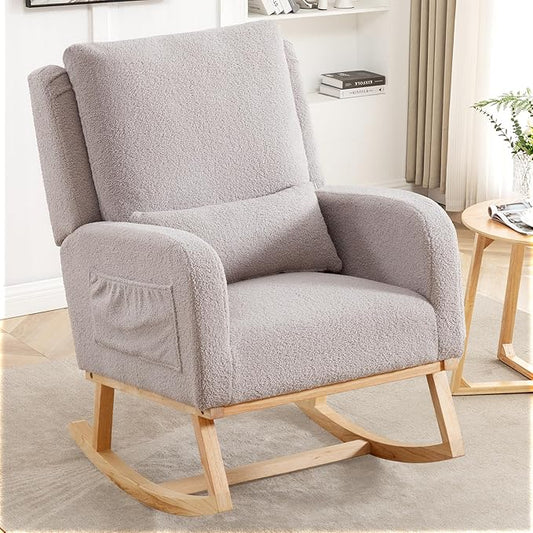 Rocking Chair Nursery, Sherpa Nursing Rocking Chairs, Upholstered Nursery Glider Rocker for Mom Nursery Morden Accent Rocking Chair Pillow for Living Room,Bedroom,Teddy Light Grey