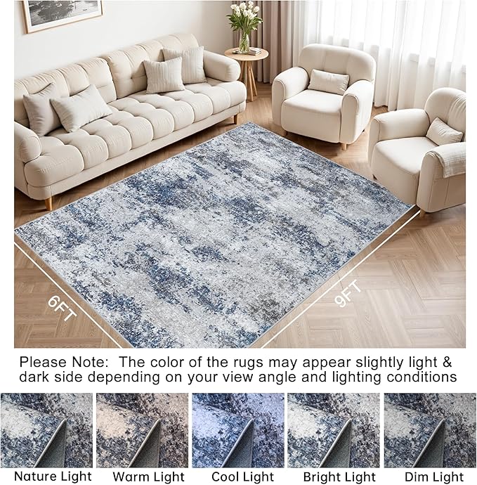 Washable Rug 6x9 Area Rugs: Abstract Washable Rugs with Non-Slip Backing, Stain Resistant Indoor Floor Carpet for Bedroom Dining Room Table Nursery Hallway Home Office Blue/Gray/Black