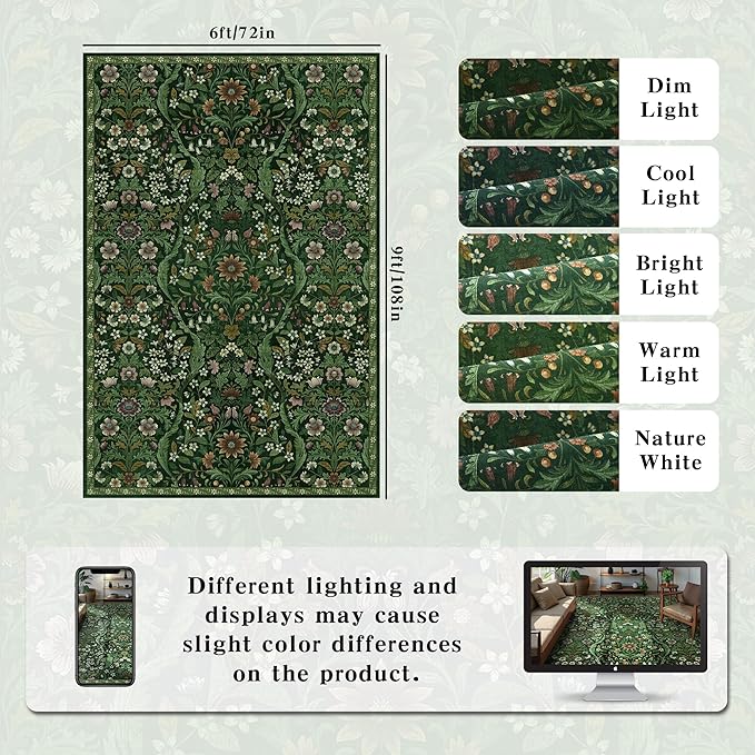 Floral Washable 6x9 Area Rug，Dark Green Boho Rugs for Living Room, Soft Low-Pile Non-Slip Stain Resistant & Non-Shedding Carpet for Bedroom, Dining Room, Office, Entryway, Nursery