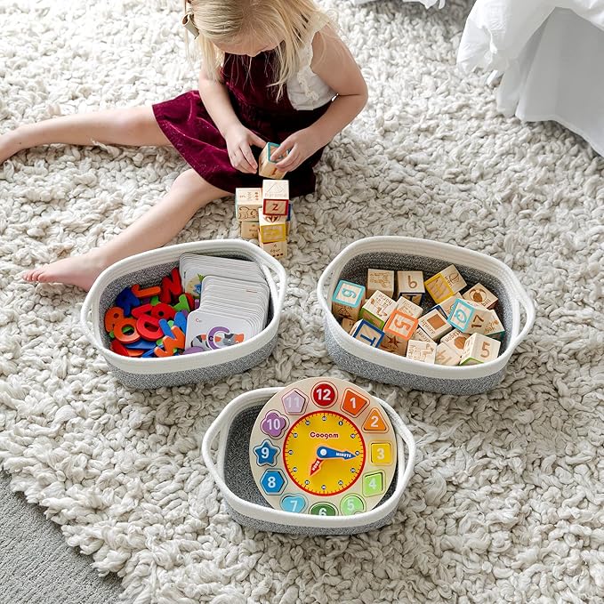 NaturalCozy 5-Piece Rectangle Storage Basket Set- Natural Cotton Rope Woven Baskets for Organizing! Small Basket for Montessori, Baby Nursery, Dog Toy Baskets, Cat Toy Box, Bathroom Organization Bin