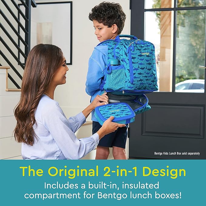 Bentgo Kids 2-in-1 Backpack & Insulated Lunch Bag - Durable 16” Backpack & Lunch Container in Unique Prints for School & Travel - Water Resistant, Padded & Large Compartments (Shark)
