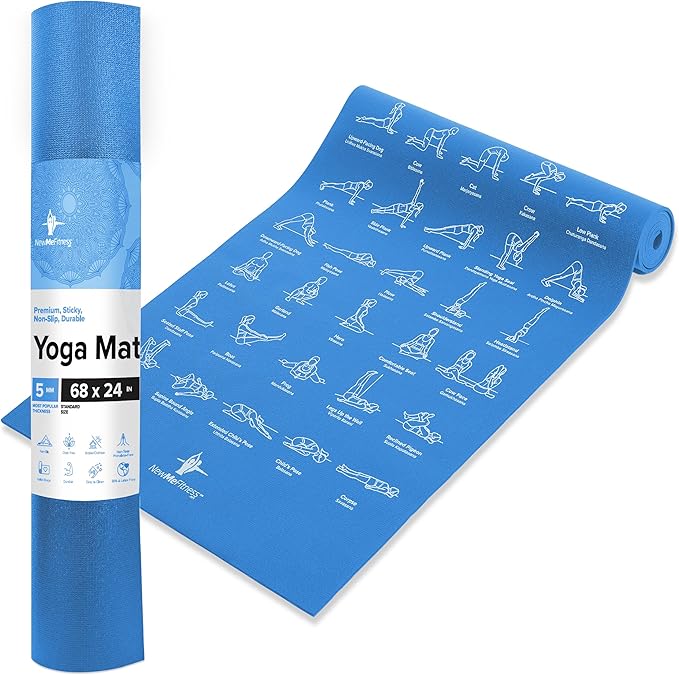NewMe Fitness Yoga Mat for Women and Men - Large, 5mm Thick, 68 Inch Long, Non Slip Exercise Mats w/ 70 Printed Yoga Poses for Pilates, Workout and Stretching - Home and Gym Essentials