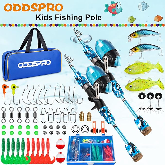 ODDSPRO Kids Fishing Pole Pink, Portable Telescopic Fishing Rod and Reel Combo Kit - with Spincast Fishing Reel Tackle Box for Girls, Youth