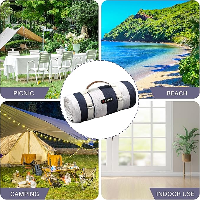 HX&OD Outdoor Picnic Blanket Extra Large, 80''*80'' Waterproof Picnic Mat with Stakes Foldable Camping Blanket Portable with Carry Strap for Beach Mat (Blue& White, 80''*80'')