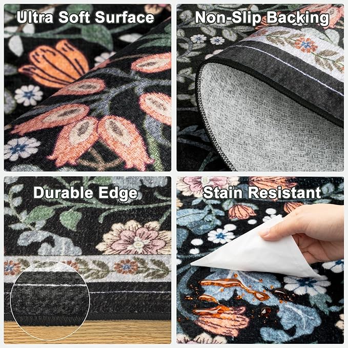 10x14 Area Rugs for Living Room: Floral Washable Rug Vintage Large Soft Boho Non-Slip Carpet Indoor Stain Resistant Low Pile Carpets for Bedroom Dining Room Farmhouse Nursery Home Office Dark Black