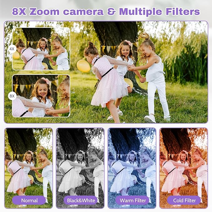 Digital Camera FHD 1080P Video & 8X Digital Zoom - Compact Point and Shoot Digital Camera with 2.4" Screen, 800mAh Rechargeable Battery Portable Small Camera for Kids Teens Girls Boys(Purple)
