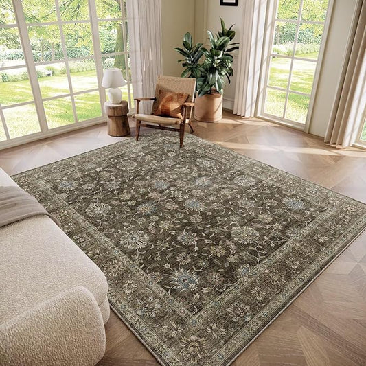 Washable 6x9 Area Rugs for Living Room, Boho Non-Slip Silicone Backing Large Rugs for Bedroom Dining Room Nursery Office, 0.3" Neutral Oriental Throw Carpet with 0.16" Cushioning Pad, Flaxen/Multi