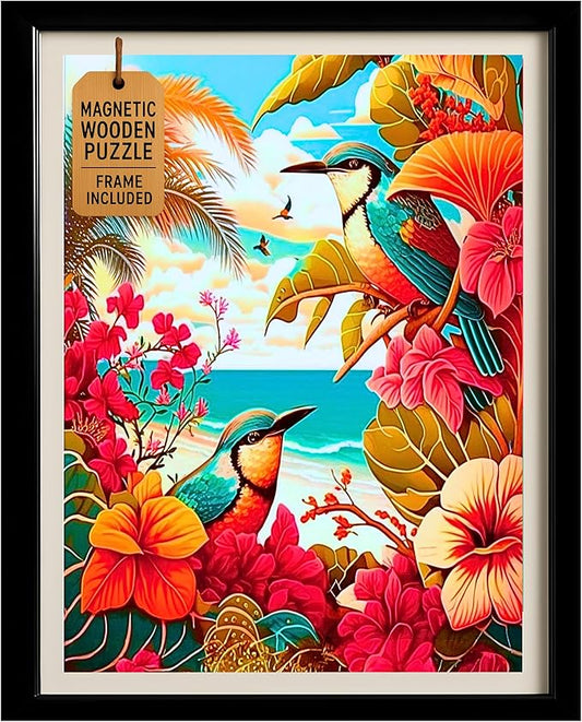 Magnetic Wooden Puzzles with Frame for Adults - Brain Teaser Wooden Jigsaw Puzzles - Lazer Wooden Cut Puzzles - Landscape Wall Art Decor - Christmas & Birthday Gift (Tropical Birds)