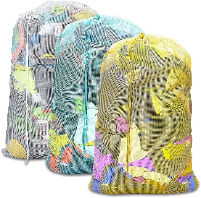 Mesh Laundry Bags, 24" x 36", Heavy Duty with Reinforced Handles, Foldable & Portable, Drawstring Closure, 3-Pack, Mixed Colors