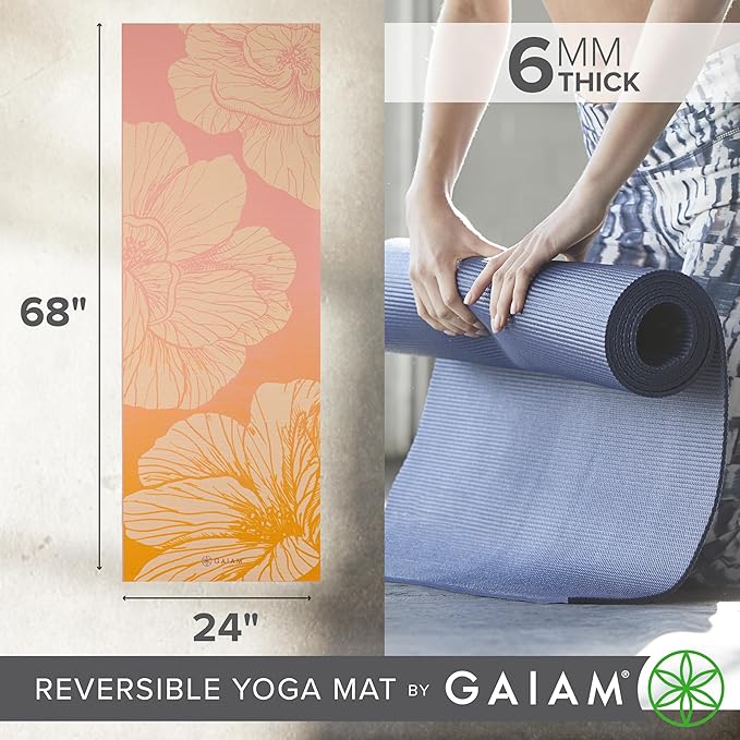 Gaiam Yoga Mat - Premium 6mm Print Reversible Extra Thick Non Slip Exercise & Fitness Mat for All Types of Yoga, Pilates & Floor Workouts (68" x 24" x 6mm Thick)