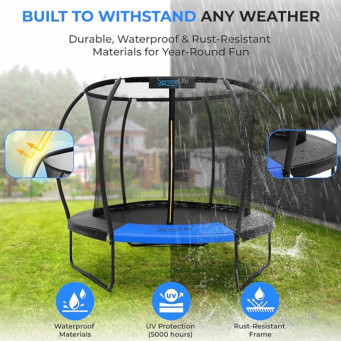 SereneLife 8FT 10FT 12FT 14FT Outdoor Trampoline for Kids - Recreational Backyard Trampoline with Curved Safety Poles and Net Enclosure- ASTM Approval for Kids Adults