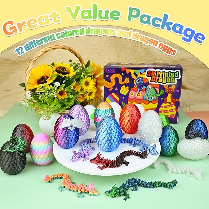 12PCS 3D Printed Dragon Eggs with Dragon Inside, Cool Stuff Fun Gifts, Mini Dragon Egg Set Articulated Crystal Dragon Fidget Toy for Adults Teens Boy Gifts Easter Basket Stuffers