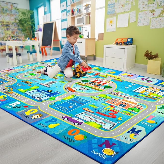 Chicrug 6x9 Car Road Area Rug for Kids Playroom Bedroom, Non Slip Low Pile Washable ABC Alphabet Carpet for Classroom, City Track Play Mat for Toddler Children Nursery Baby Room Decor, Blue