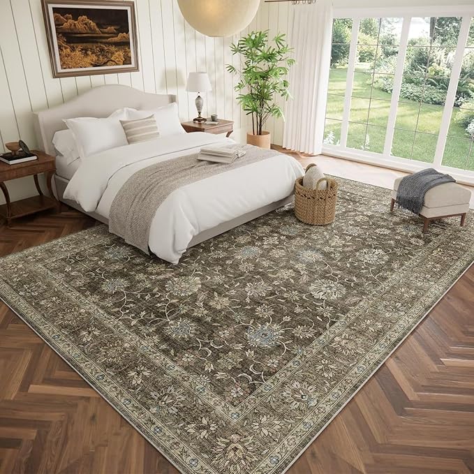 Washable 10x14 Area Rugs for Living Room, Boho Non-Slip Silicone Backing Rugs for Bedroom Dining Room Office, 0.3" Neutral Oriental Throw Carpet with 0.16" Cushioning Pad, Flaxen/Multi