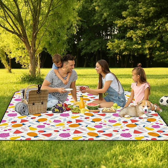 Poedist Extra Large Picnic Blanket Waterproof,80"x 80"Foldable Machine Washable Beach Blanket,Outdoor Blanket for 6-8 Adults,Suitable for Indoor Crawling,Park Beach,Camping,Hiking,Family Travel(Fruit
