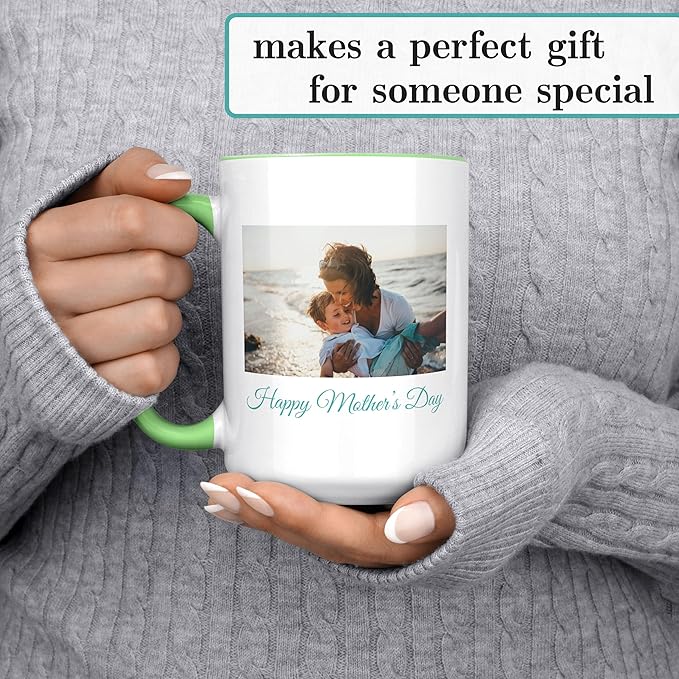 Personalized Coffee Mug, Custom Photo Text 15 Oz Ceramic Mug, Customized Picture Name Tea Cup, Unique Gift Idea, Taza Cafe Personalizadas Fotos, Cute Custom Gifts Mom Women, Mother's Day, Light Green