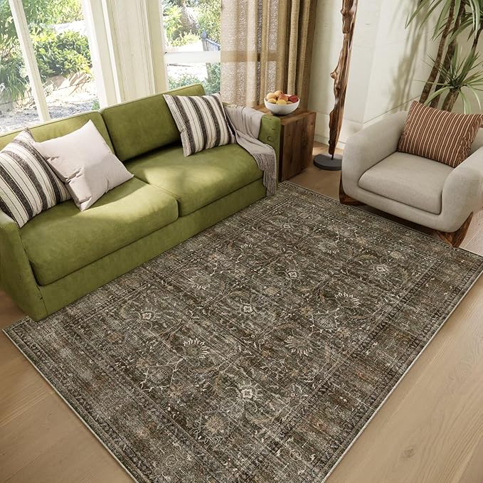 Washable 4x6 Rugs for Living Room, Boho Non-Slip Silicone Backing Small Rugs for Bedroom Nursery Office, 0.3" Neutral Oriental Throw Carpet with 0.16" Cushioning Pad, Deep Brown/Multi