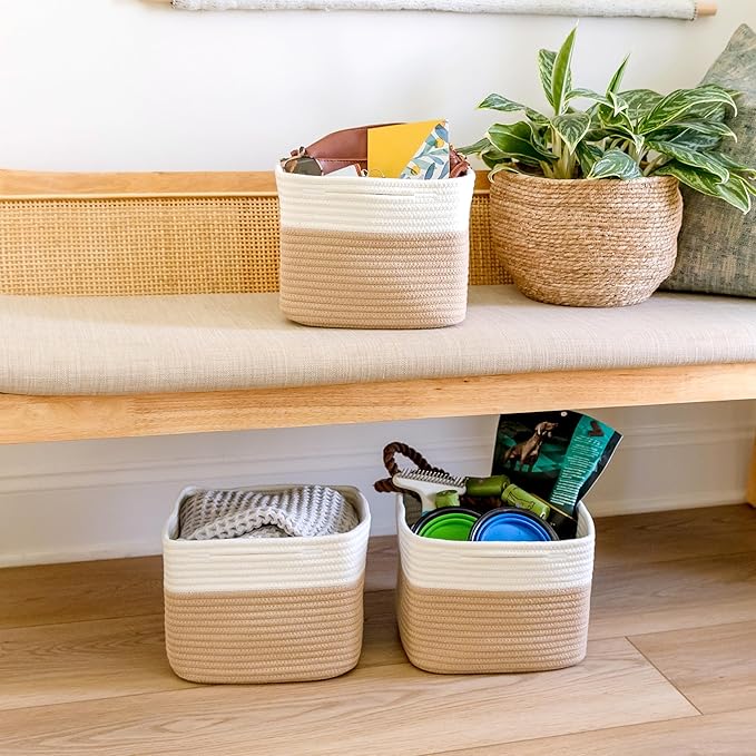 NaturalCozy Storage Cubes 9”x9”x7”Cotton Rope Woven Baskets for Organizing 3-Pack | 9 Inch Cube Storage Bin | Small Basket for Shelf Nursery, Pantry, Decorative Plant, Bathroom Closet, Toy Gift