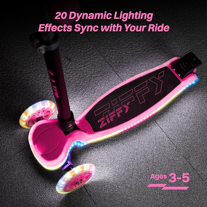 ZIFFY 3-Wheel Light-Up Kids Scooter, Kids Balance Scooter for Boys Girls with 20 Dynamic LED Lights, 4 Adjustable Height, Lean-to-Steer Design with Anti-Slip Wide Surface for Stability - Up to 110LBS