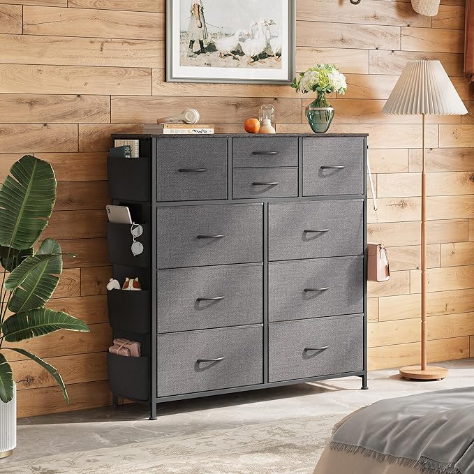 WLIVE Dresser for Bedroom with 10 Drawers, Fabric Dresser Chest of Drawers with Side Pockets and Hooks, Sturdy Metal Frame, Drawers Organizer Unit for Room, Hallway, Dark Gray